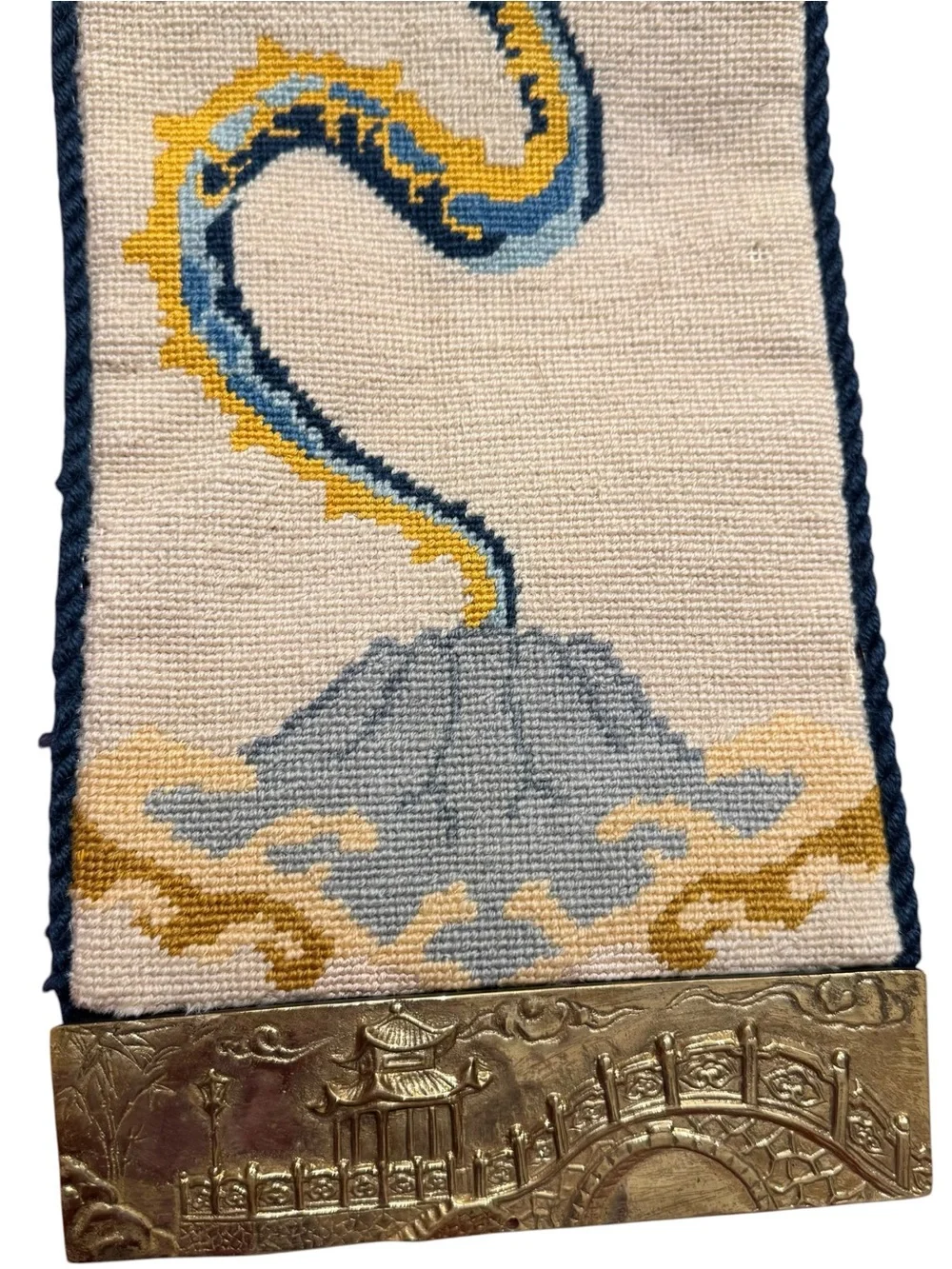 Vintage Asian Chinese Needlepoint Hanging Dragon Wall Art 60”x 7” Tapestry Brass